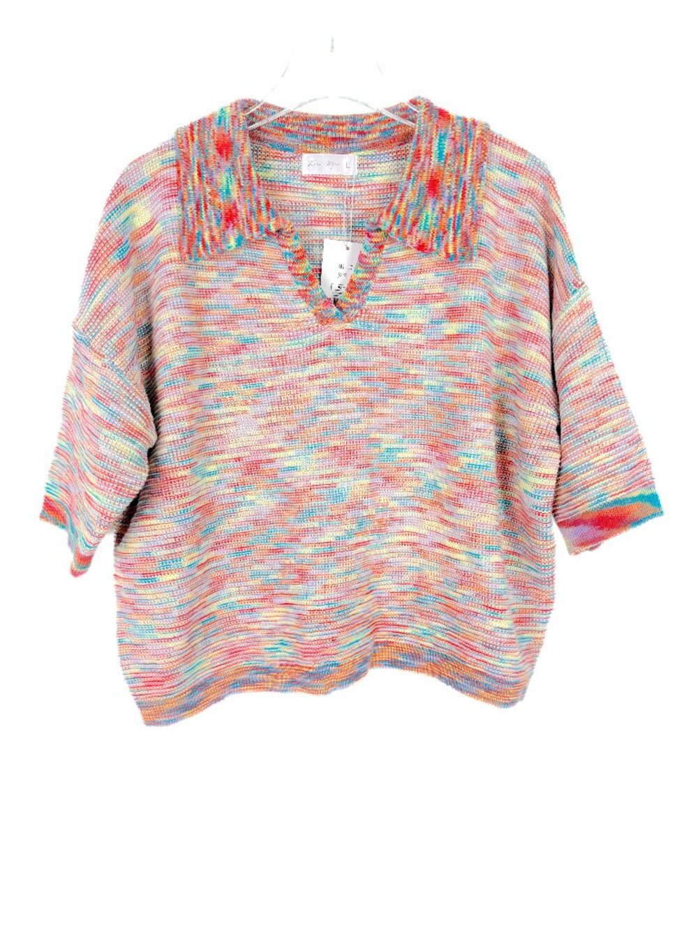 NWT Knit Mix Rainbow V-Neck Collared Pullover Sweater Size Large L NEW